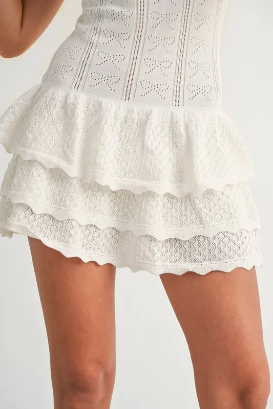 Bow Pointelle Knit Ruffle Mini Dress