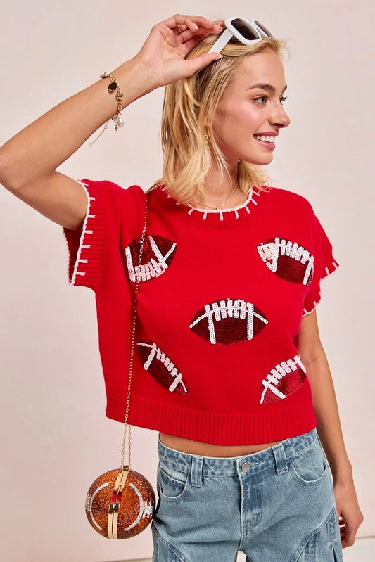 Game Day Sparkle Football Embroidered Stitch Sweater