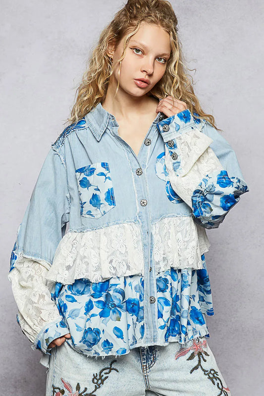 Patchwork Denim Top with Lace Accent Details
