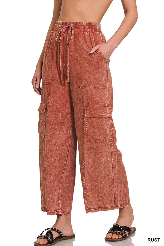 Washed Linen Elastic Band Waist Cargo Pants