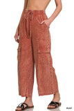 Washed Linen Elastic Band Waist Cargo Pants