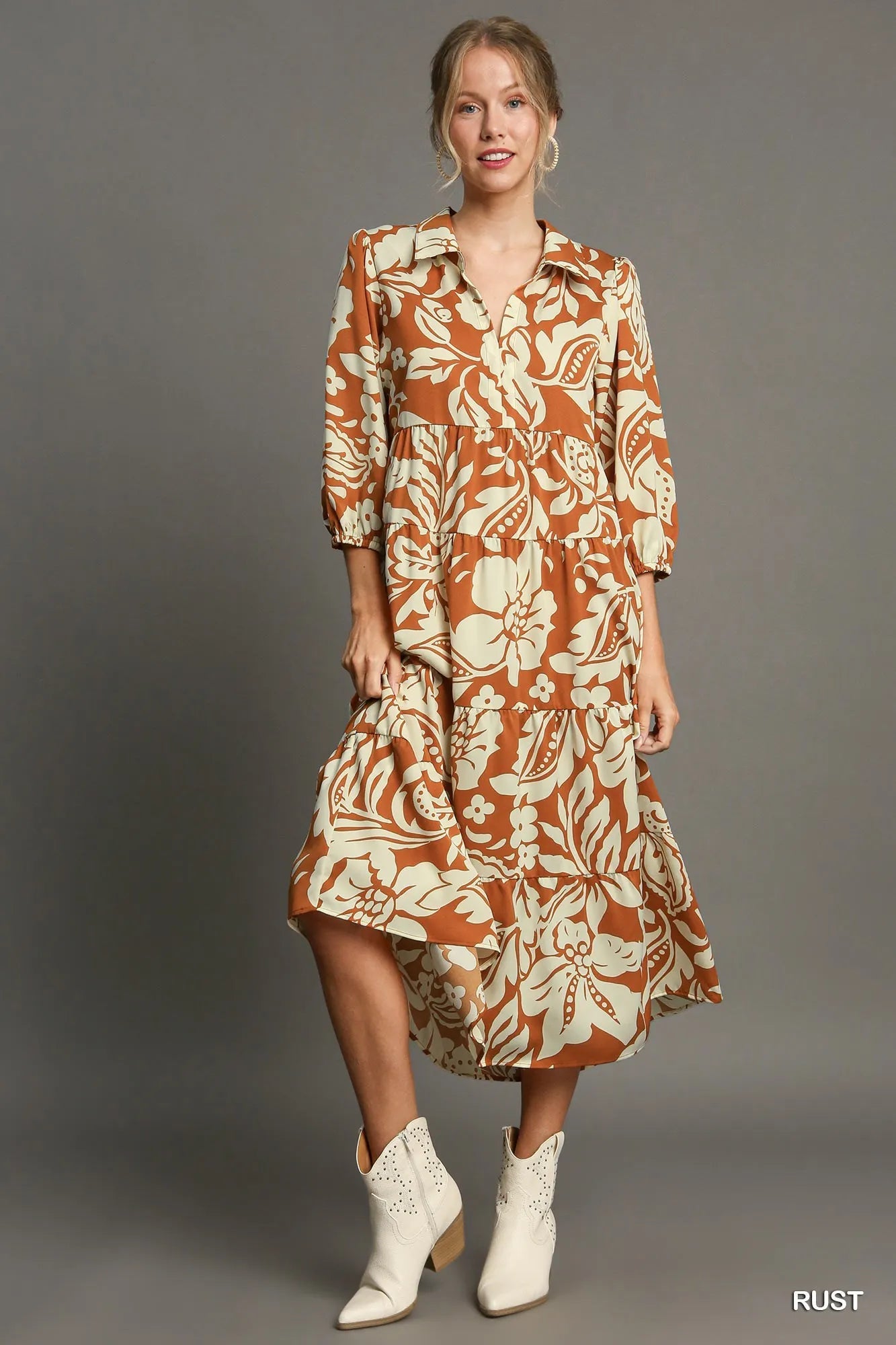 Chic Floral Tiered Midi Shirt Dress