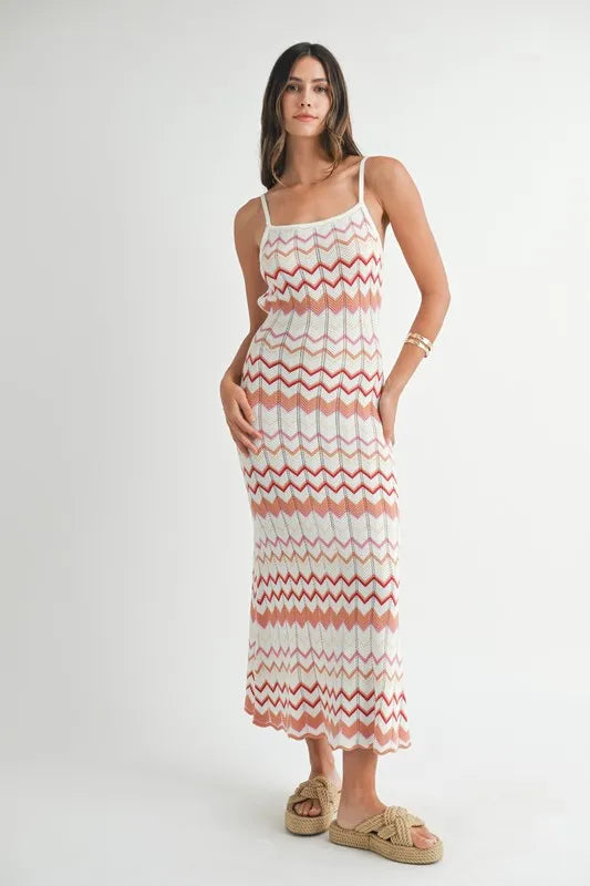 Lightweight Pointelle Chevron Knit Maxi Dress
