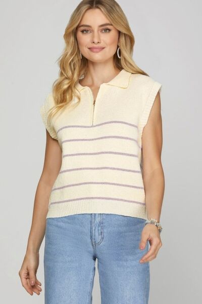 Ribbed Hem Striped Half Zip Sweater Vest