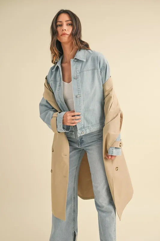 Layered Look Trench Coat With Denim Jacket