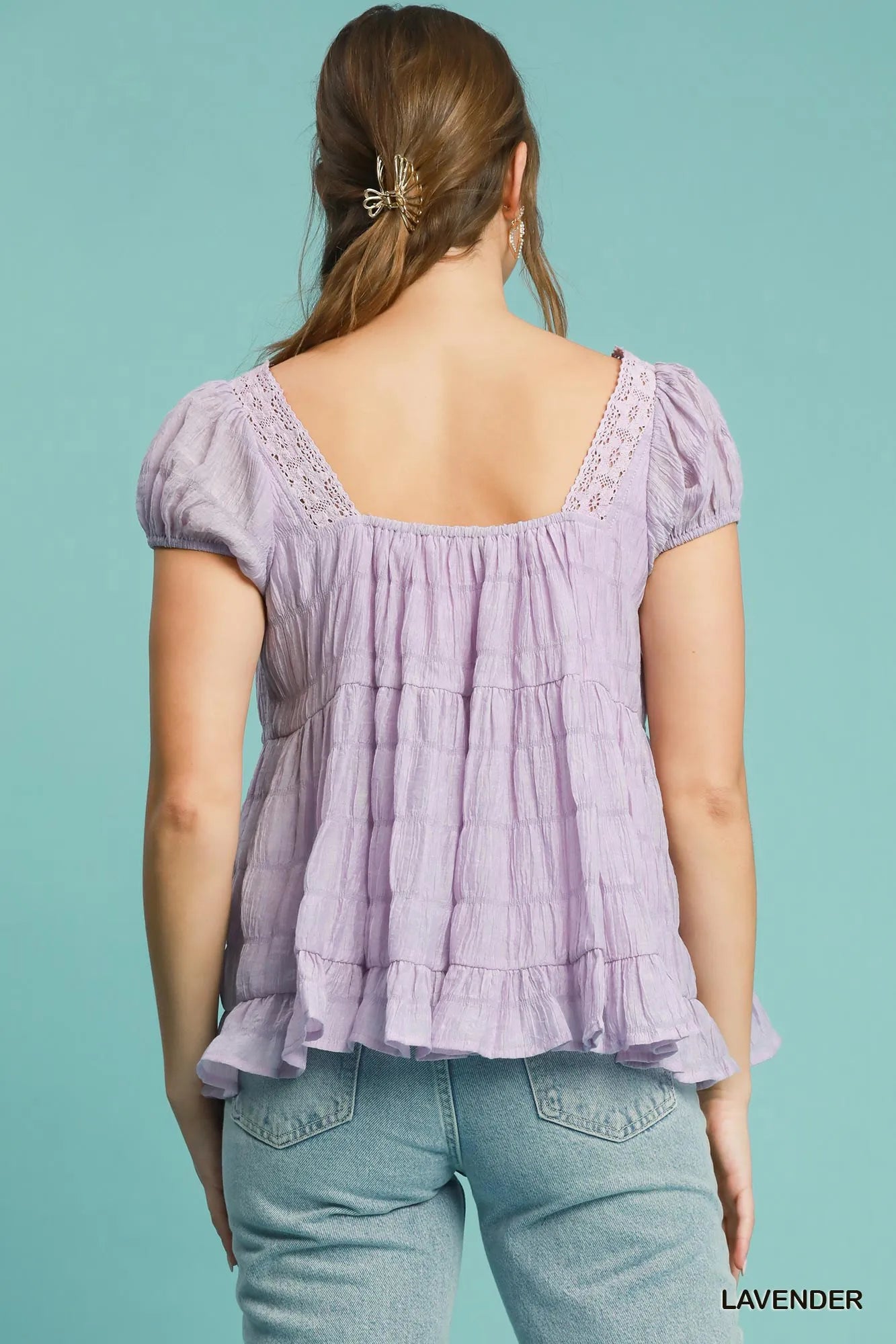 Textured Square Neck Ruffle Hem Blouse with Bow Tie