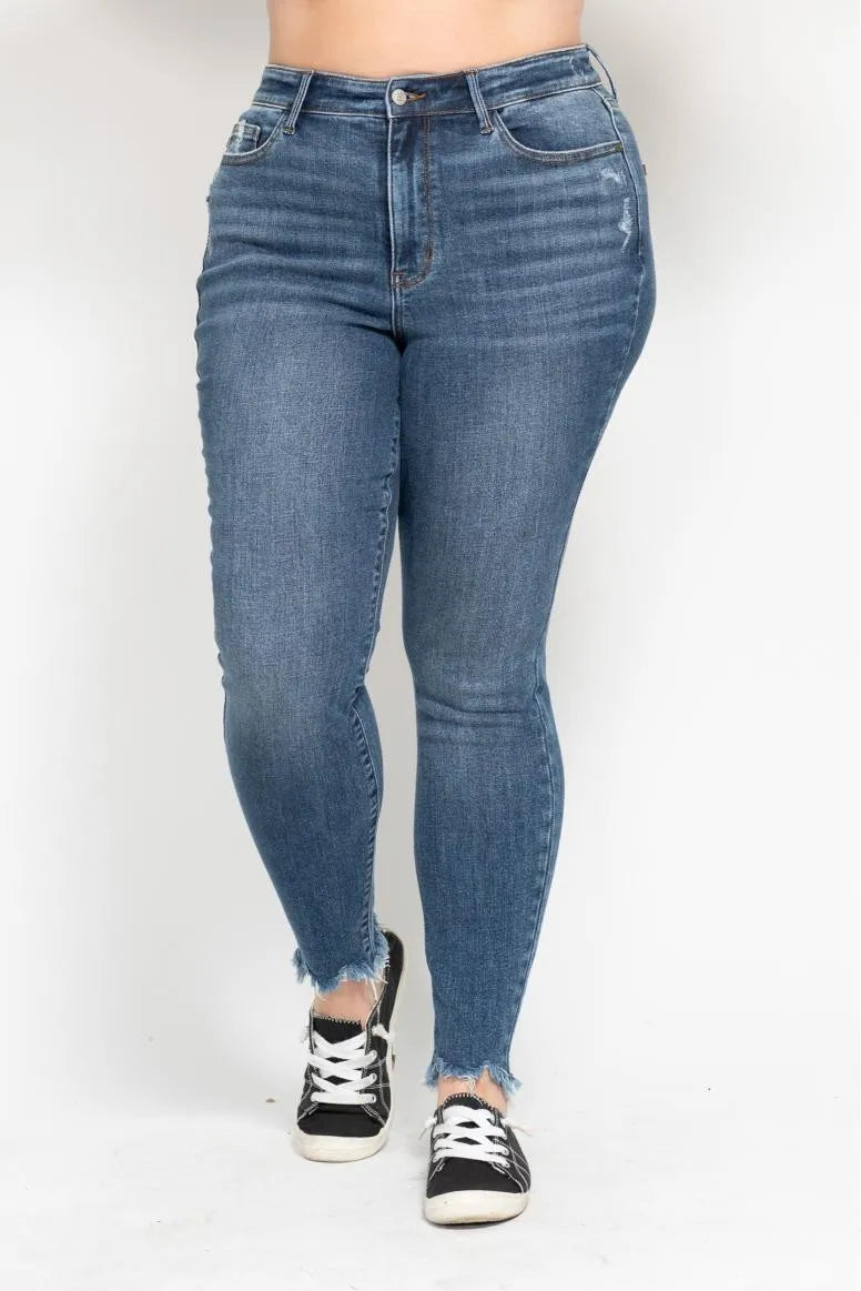 Plus Size High Waist Skinny with Destroy & Shark Bit Hem