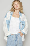Chunky Knit-Sleeve Denim Mix Shirt