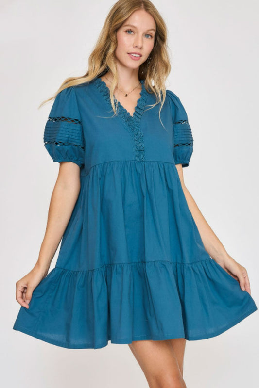 USA Full Size Lace Detail Puff Sleeve Mini Dress Plus Size