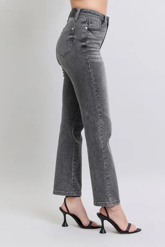 Full Size High Waist Rhinestone Straight Jeans Plus Size