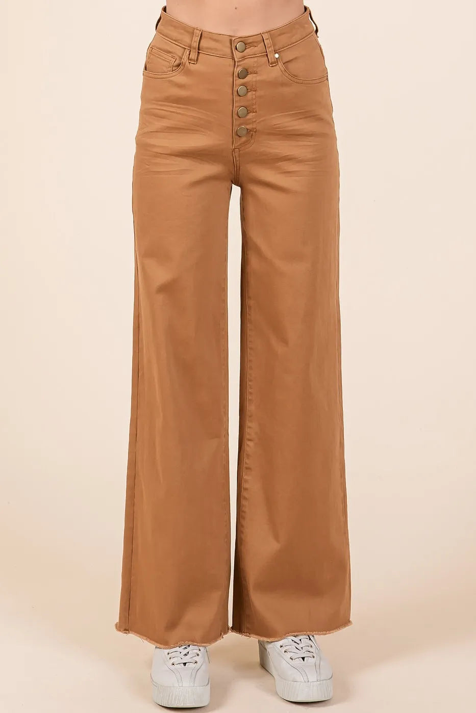 Twill High Waisted Button Fly Wide Leg Pants