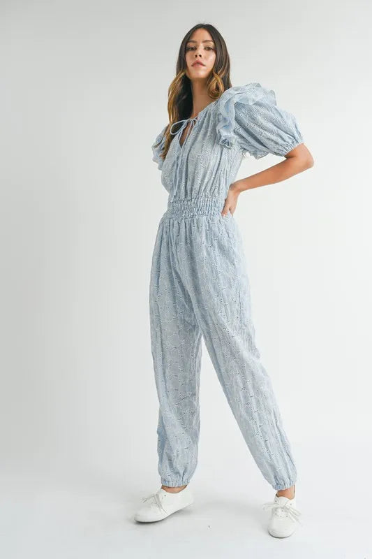 Eyelet Lace Ruffle Shoulder Jumpsuit