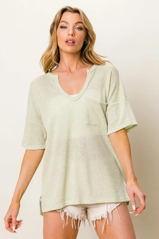 Boucle Sweater Knit Short Sleeve Henley Top