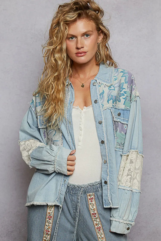 Vintage Patchwork Denim Jacket with Lace Accents
