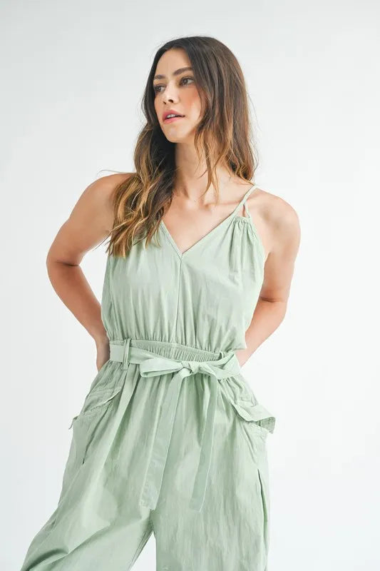 Washed Fabric Spaghetti Strap Waist Belted Jumpsuit