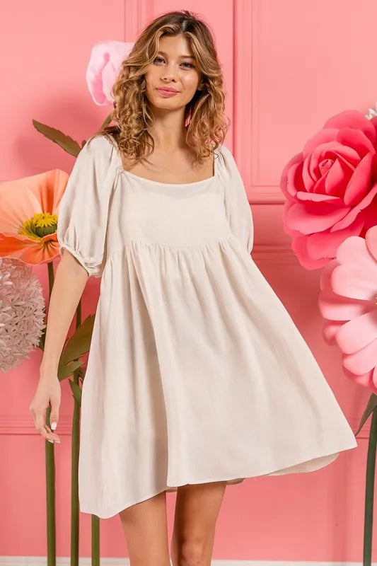 Washed Linen Tiered Midi Dress with Puff Sleeves