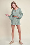 Gauze Long Sleeve Button Crop Top and Short Set