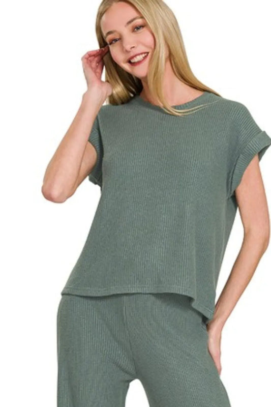 Rolled Sleeve Top and Pants Sweater Set