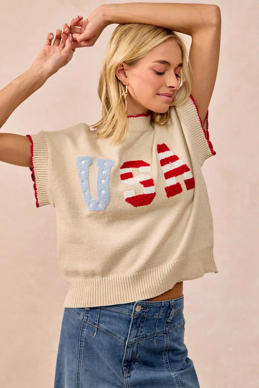 USA Patchwork Sweater Vest Top With Contrast Detail