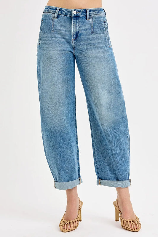 Full Size Mid Rise Barrel Roll Jeans