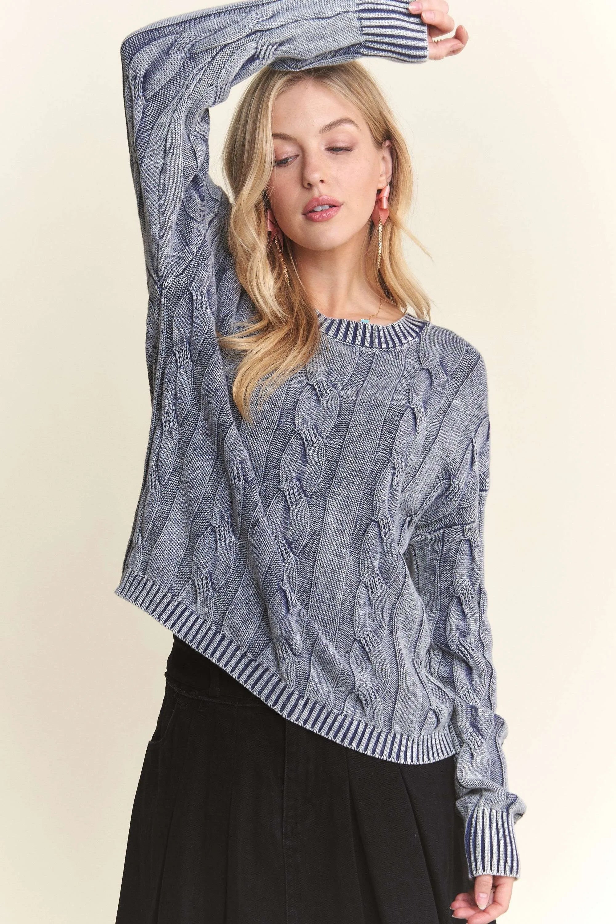 Mineral Washed Cable Knit Sweater Top