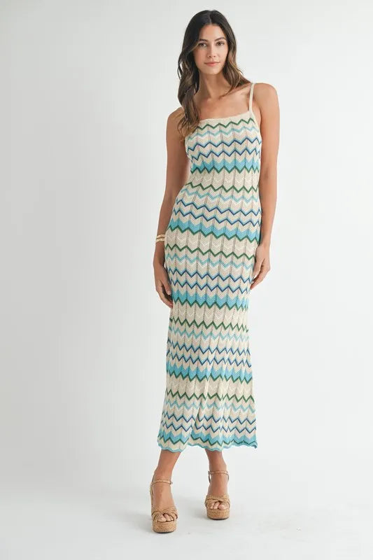 Lightweight Pointelle Chevron Knit Maxi Dress