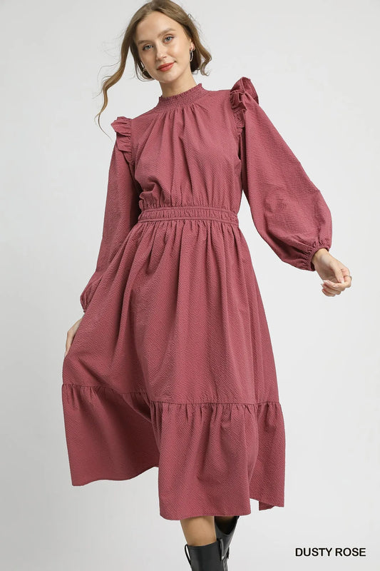 Ruffled Shoulder Accent Textured Midi Dress