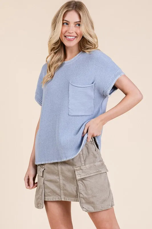 Solid Cap Sleeve Stitch Edge Knit Sweater