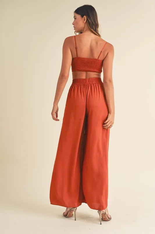 Smocked Bralette Crop Top and Wide Leg Pants Set