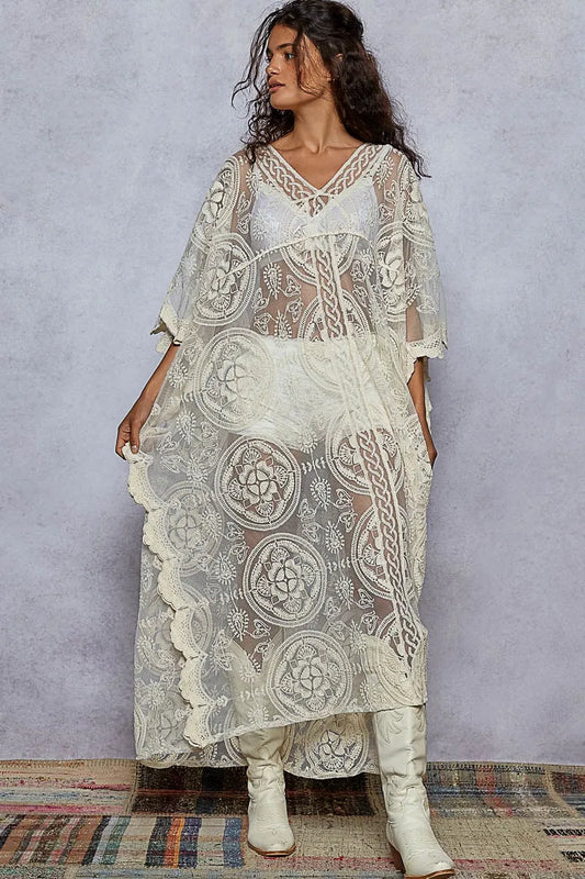 Elegant Lace-Detail Beach Cover-Up Kaftan