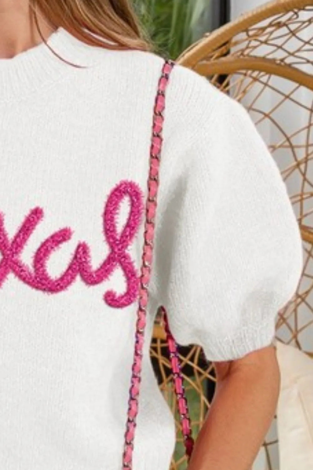 Metallic Letter Short Puff Sleeve Hairy Sweater