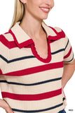 Striped Collared Short Sleeve Cropped Sweater
