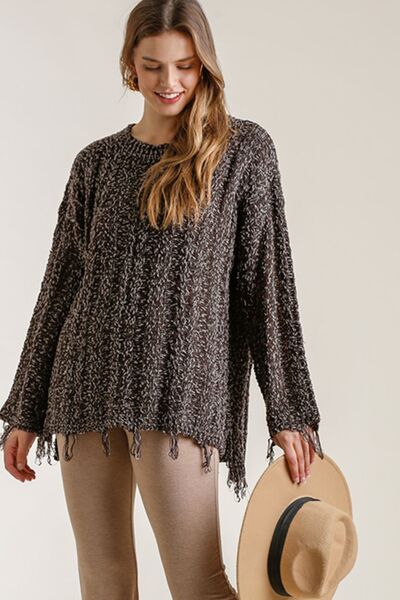 Full Size Frayed Hem Cable Knit Round Neck Sweater Plus Size
