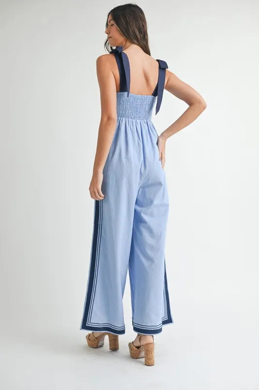 Linen Mix Chevron Sail Shoulder Strap Jumpsuit