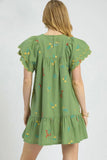Tropical Embroidered Flutter Sleeve Mini Dress
