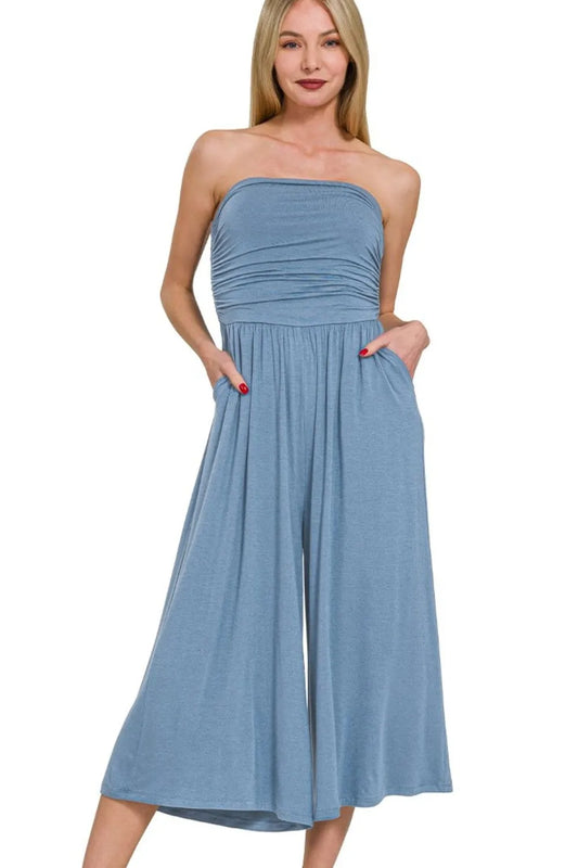 Heathered Blue Bandeau Jumpsuit with Wide-Leg Culottes