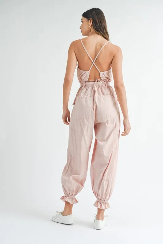 Washed Fabric Spaghetti Strap Waist Belted Jumpsuit