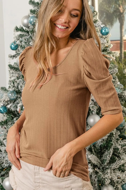 Verigated Rib Knit Puff Sleeves Shorts Top