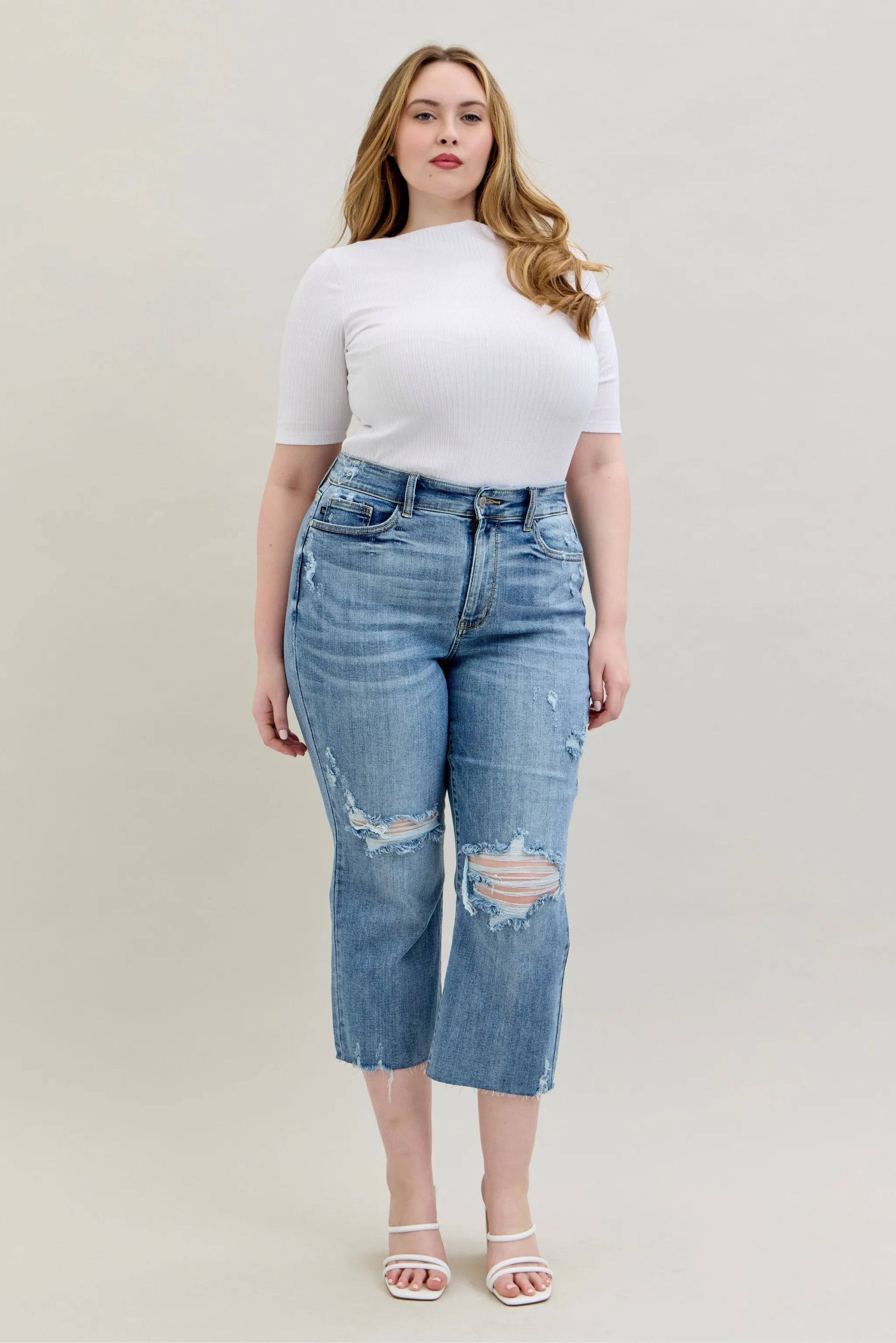 Full Size High Waist Destroy Crop Wide Leg Jeans Plus Size