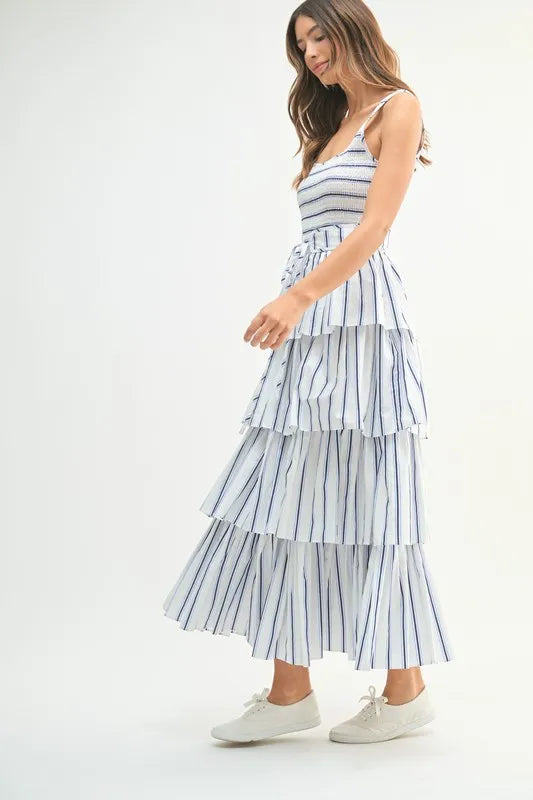 Pin Stripe Smocked Bodice Layered Midi Dress