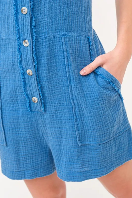 Washed Gauze Front Button Down Romper