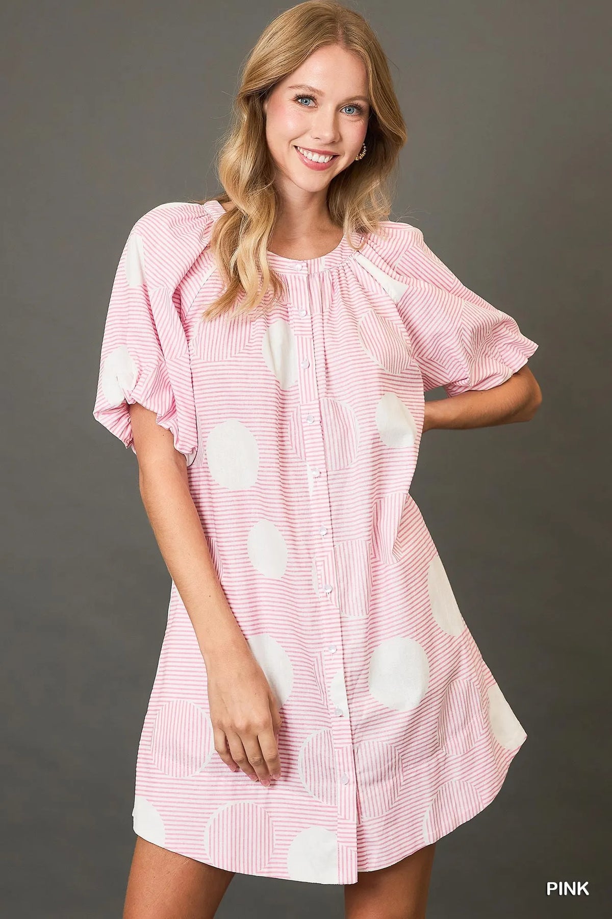 Puff Sleeve Mini Dress with Stripe and Dot Patterns