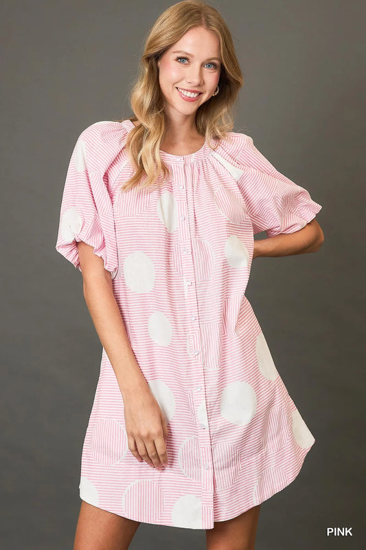 Puff Sleeve Mini Dress with Stripe and Dot Patterns