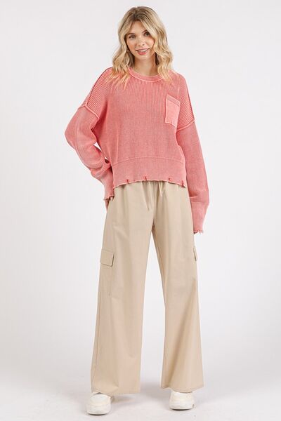 Mittoshop Distressed Hem Round Neck Dropped Shoulder Sweater