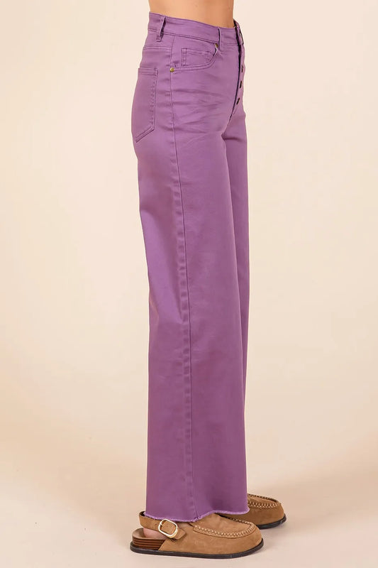 Twill High Waisted Button Fly Wide Leg Pants