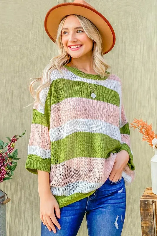 Multi Striped Mesh Pullover Spring Sweater