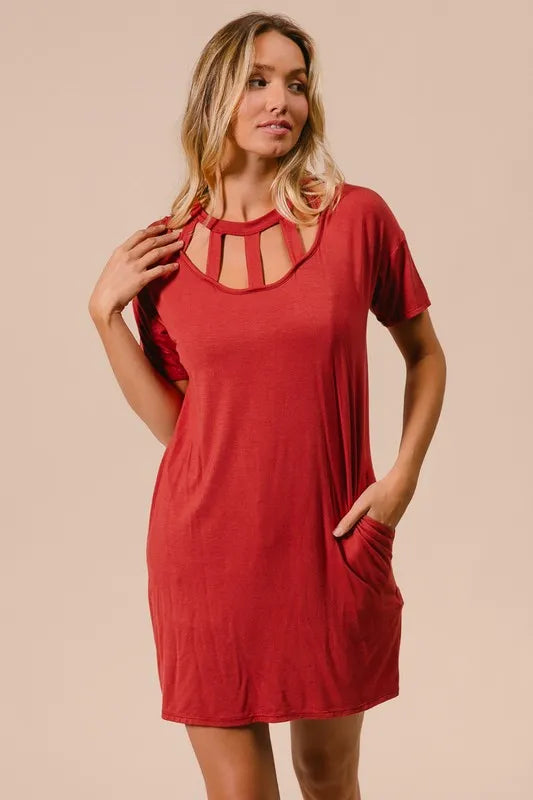 Front Cutout Mini Tee Dress with Pockets