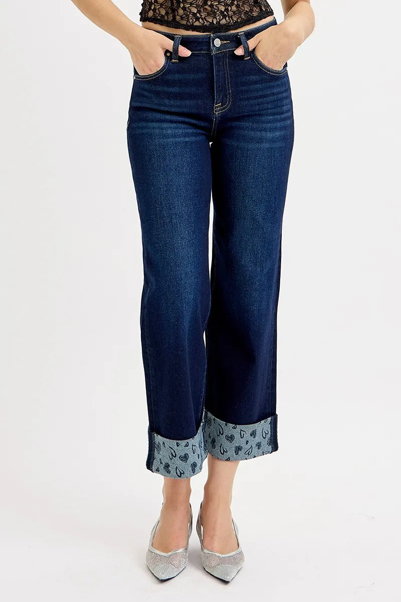 Full Length Crop Fit Wide Leg Jeans with Patterned Cuff