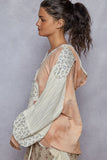 Vintage Edge V-Neck Knit Hoodie with Floral Patch