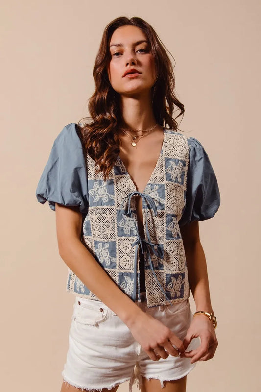 Boho Patchwork Puff Sleeve V Neck Blouse